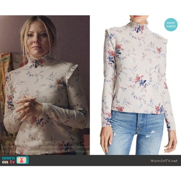 Joie Robbia Sweater L Wool Cashmere Blend Mock Neck Floral Ruffle Gesso $298 - Picture 3 of 16